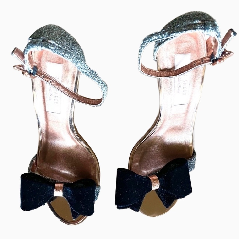 Ted Baker Bowdalo Silver Glitter Heels Black Velvet Bow Ankle Strap EU 37.5 US 7 - Picture 8 of 12